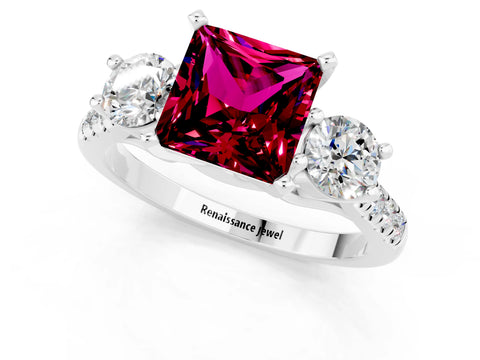 White gold Three-Stone Princess Cut Garnet Pavé Band with Four-Prong Setting_1