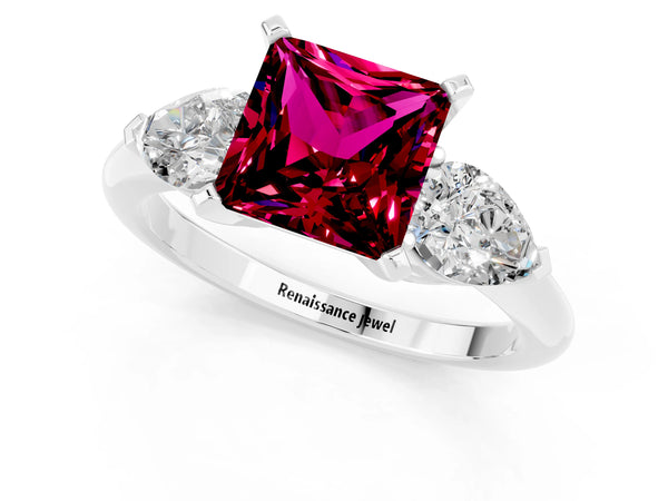 Silver Three-Stone Princess Cut Garnet Ring with Pear Side Stones and Four-Prong Setting