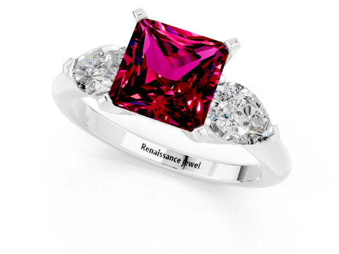 White gold Three-Stone Princess Cut Garnet Ring with Pear Side Stones and Four-Prong Setting_1
