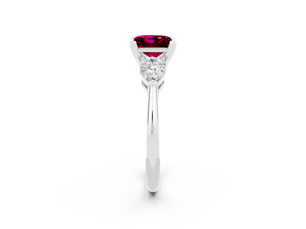 Platinum Three-Stone Princess Cut Garnet Ring with Pear Side Stones and Four-Prong Setting