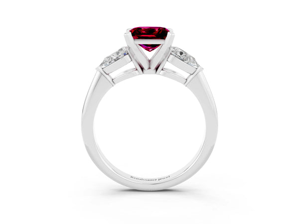 White gold Three-Stone Princess Cut Garnet Ring with Pear Side Stones and Four-Prong Setting