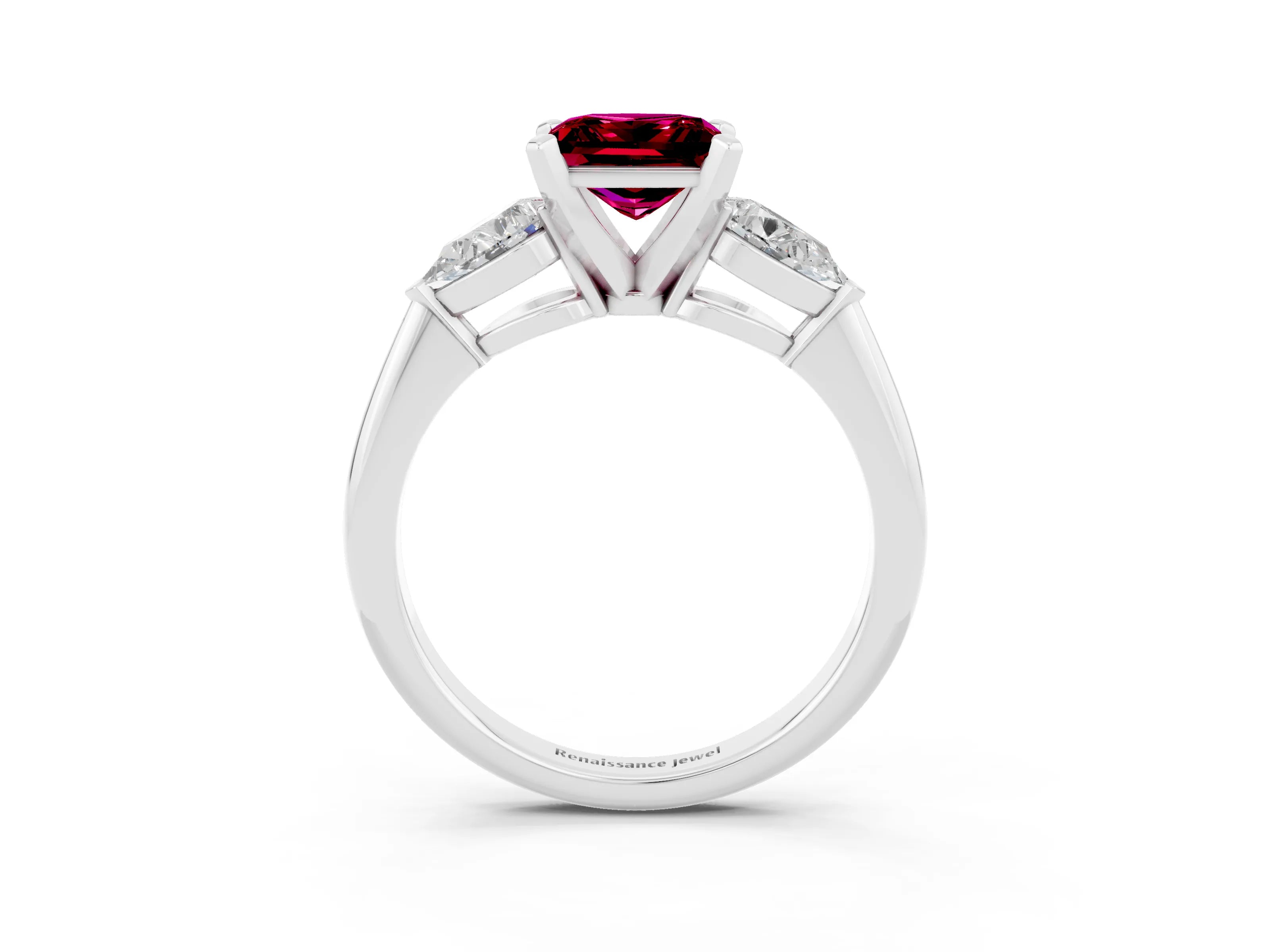 White gold Three-Stone Princess Cut Garnet Ring with Pear Side Stones and Four-Prong Setting_3
