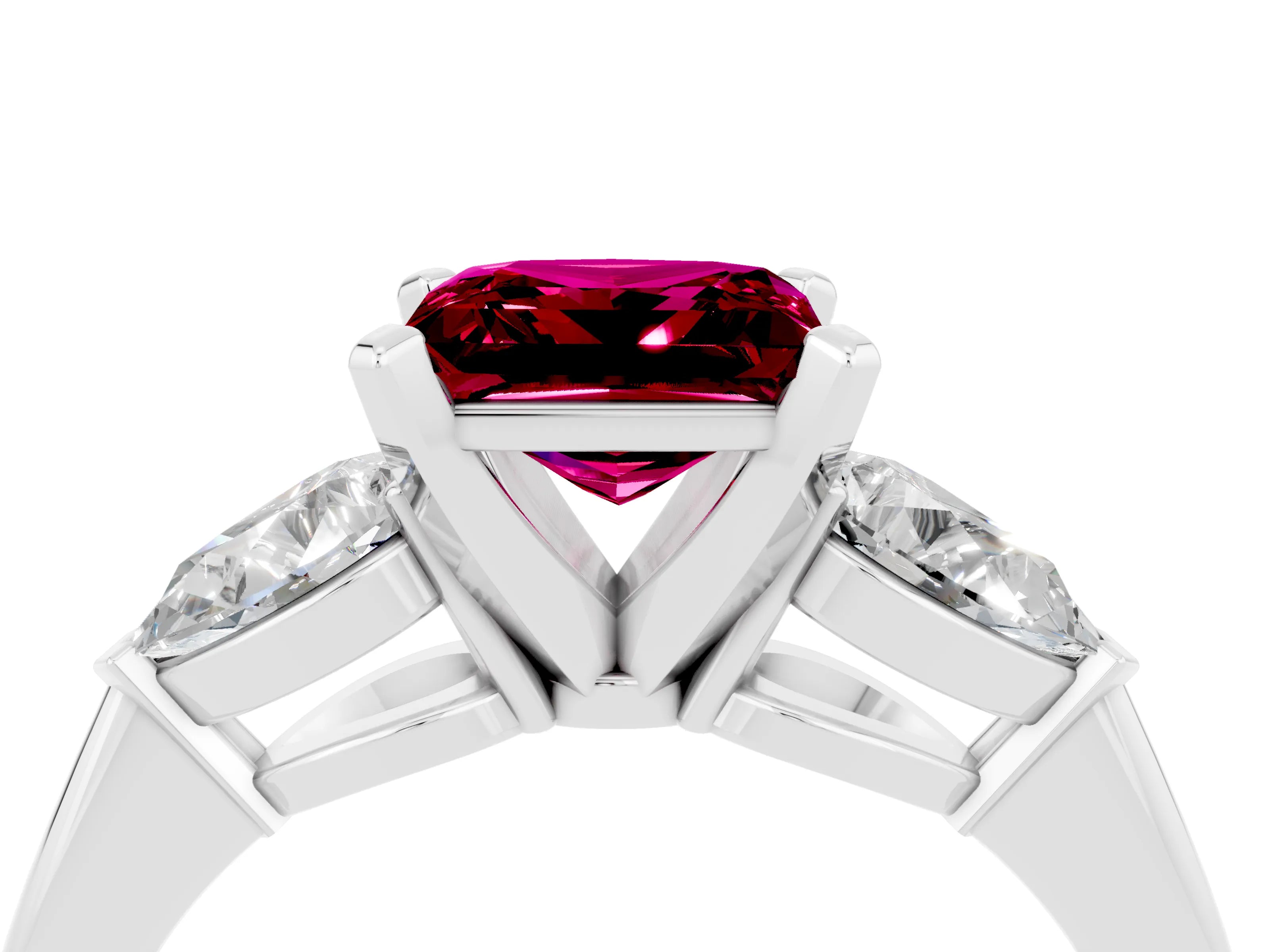 White gold Three-Stone Princess Cut Garnet Ring with Pear Side Stones and Four-Prong Setting_4