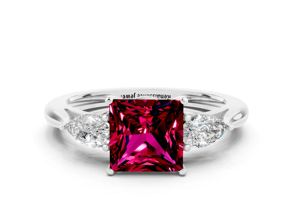 Platinum Three-Stone Princess Cut Garnet Ring with Pear  Side Stones in Four-Prong Setting