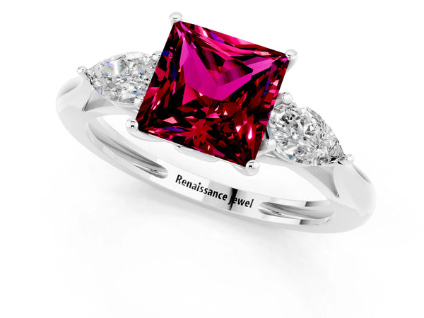 Platinum Three-Stone Princess Cut Garnet Ring with Pear  Side Stones in Four-Prong Setting