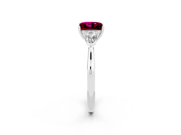 Platinum Three-Stone Princess Cut Garnet Ring with Pear  Side Stones in Four-Prong Setting
