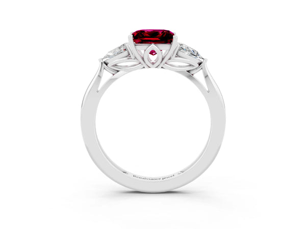 White gold Three-Stone Princess Cut Garnet Ring with Pear  Side Stones in Four-Prong Setting