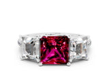 White gold Three-Stone Princess Cut Garnet Ring with Round  Pavé Band and Prong Setting_12