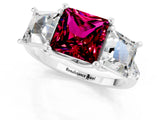 White gold Three-Stone Princess Cut Garnet Ring with Round  Pavé Band and Prong Setting_13
