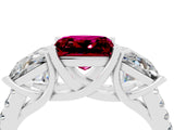White gold Three-Stone Princess Cut Garnet Ring with Round  Pavé Band and Prong Setting_16