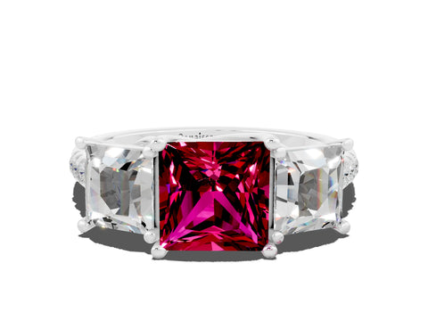 White gold Three-Stone Princess Cut Garnet Ring with Round  Pavé Band and Prong Setting_24