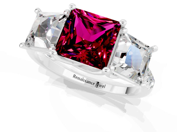 Platinum Three-Stone Princess Cut Garnet Ring with Round  Pavé Band and Prong Setting