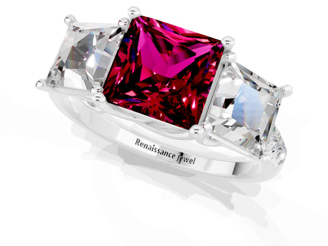 White gold Three-Stone Princess Cut Garnet Ring with Round  Pavé Band and Prong Setting_25