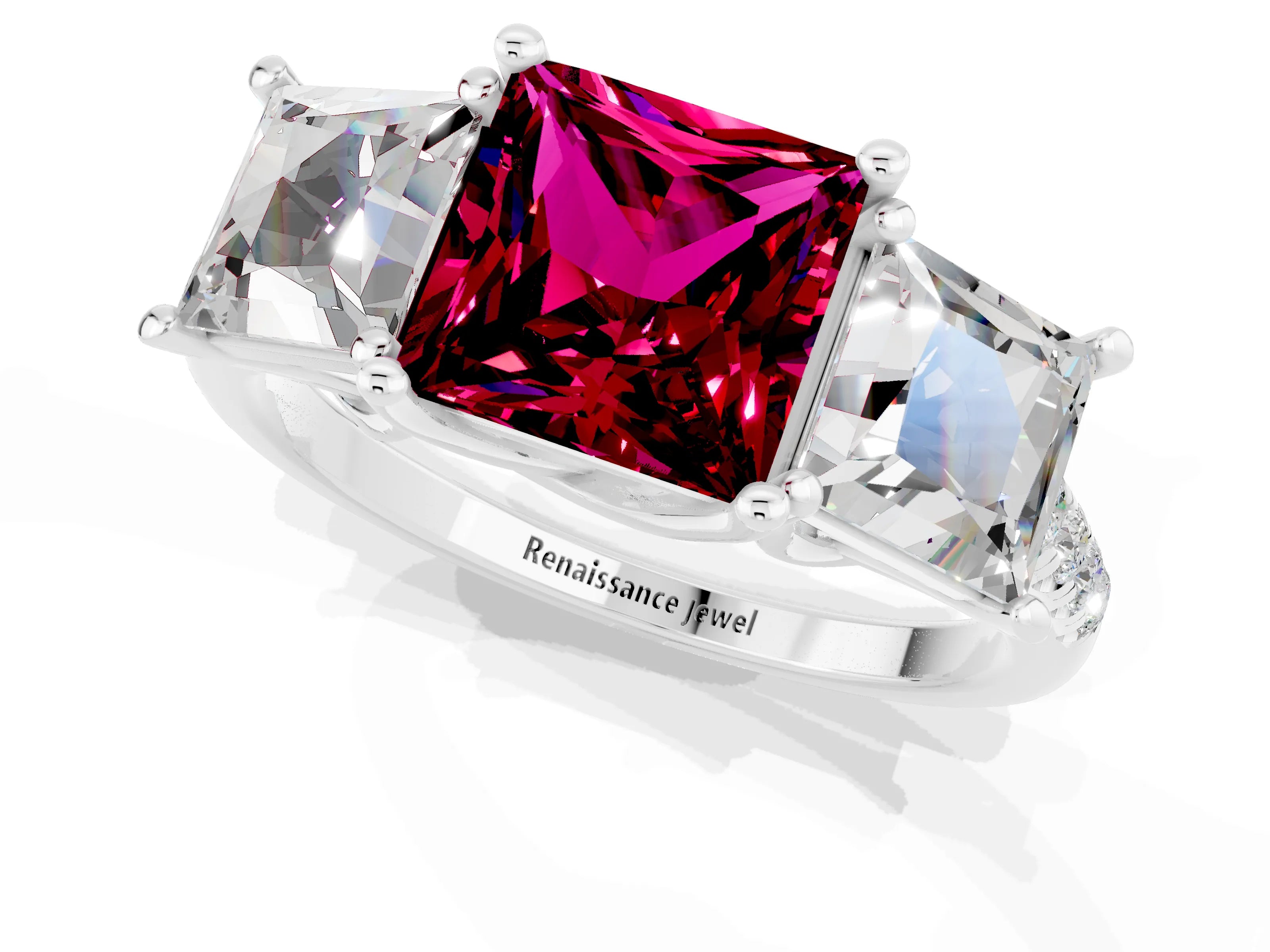 White gold Three-Stone Princess Cut Garnet Ring with Round  Pavé Band and Prong Setting_25