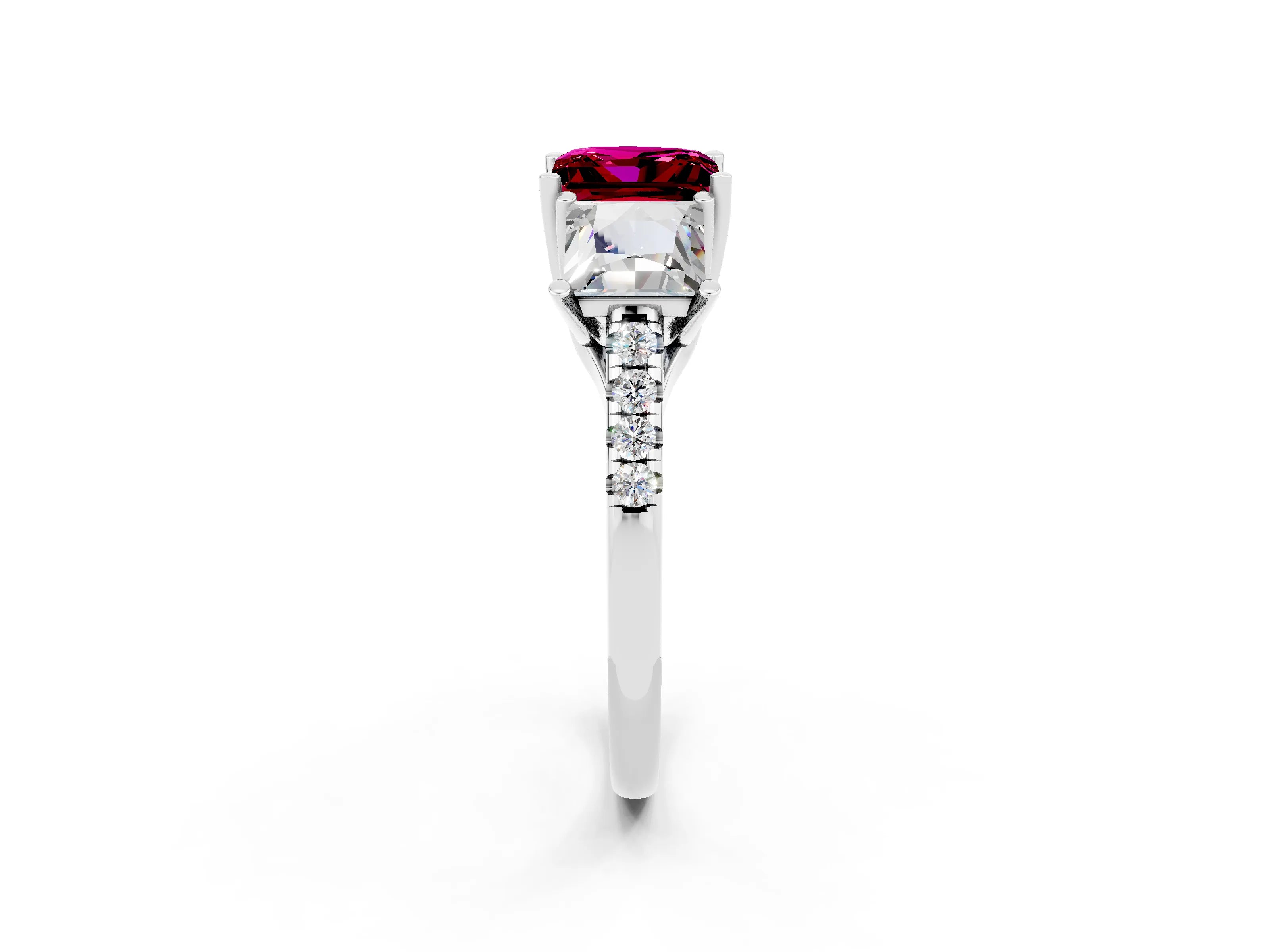 White gold Three-Stone Princess Cut Garnet Ring with Round  Pavé Band and Prong Setting_26