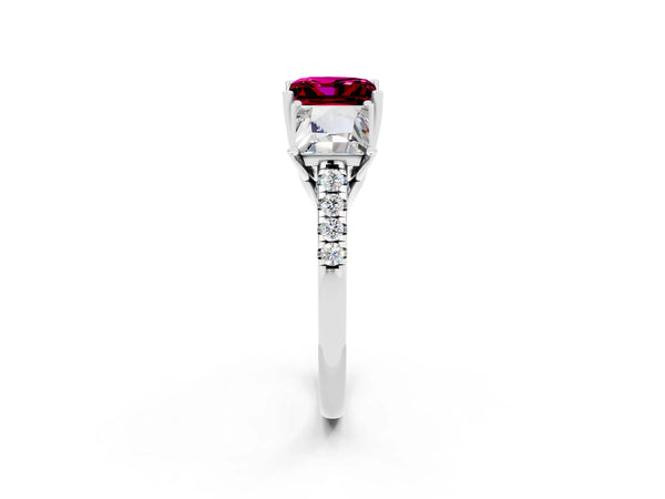 Platinum Three-Stone Princess Cut Garnet Ring with Round  Pavé Band and Prong Setting
