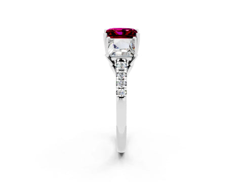 White gold Three-Stone Princess Cut Garnet Ring with Round  Pavé Band and Prong Setting_26