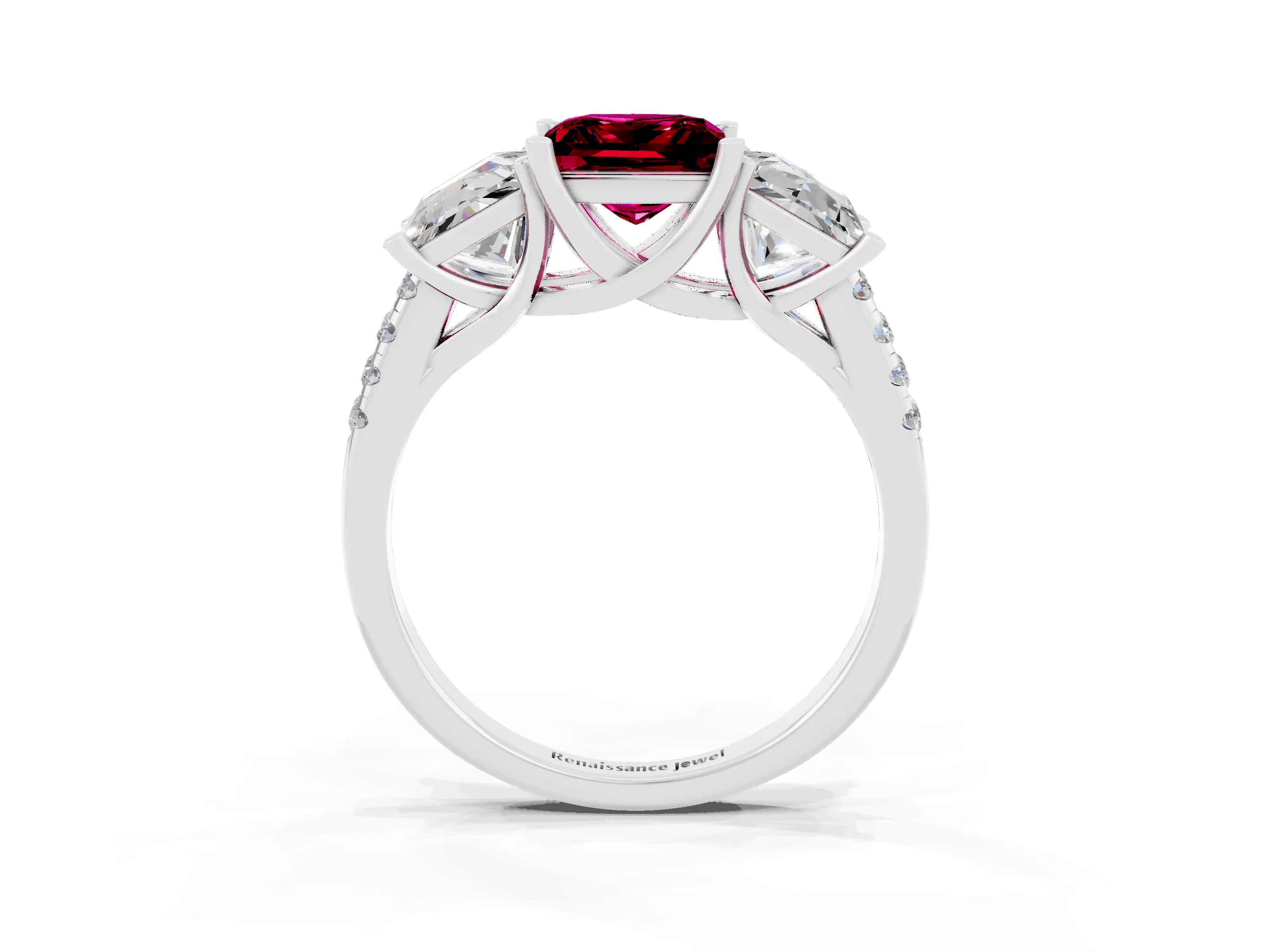 White gold Three-Stone Princess Cut Garnet Ring with Round  Pavé Band and Prong Setting_27