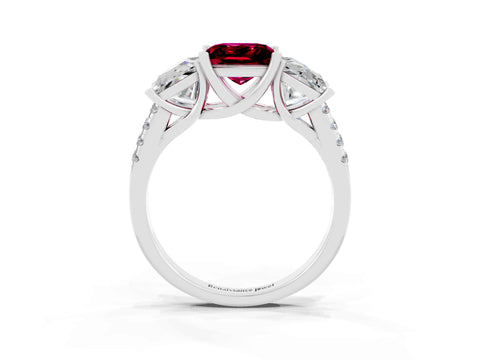 White gold Three-Stone Princess Cut Garnet Ring with Round  Pavé Band and Prong Setting_27