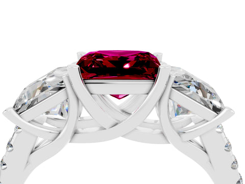 White gold Three-Stone Princess Cut Garnet Ring with Round  Pavé Band and Prong Setting_28