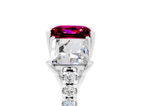 White gold Three-Stone Princess Cut Garnet Ring with Round  Pavé Band and Prong Setting_29