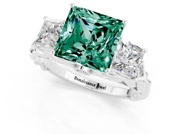 Platinum Three-Stone Princess Cut Green Sapphire Braided Band Ring with Four-Prong Setting