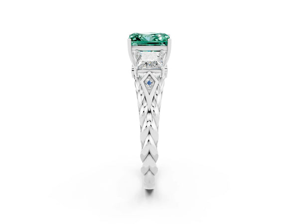 Platinum Three-Stone Princess Cut Green Sapphire Braided Band Ring with Four-Prong Setting