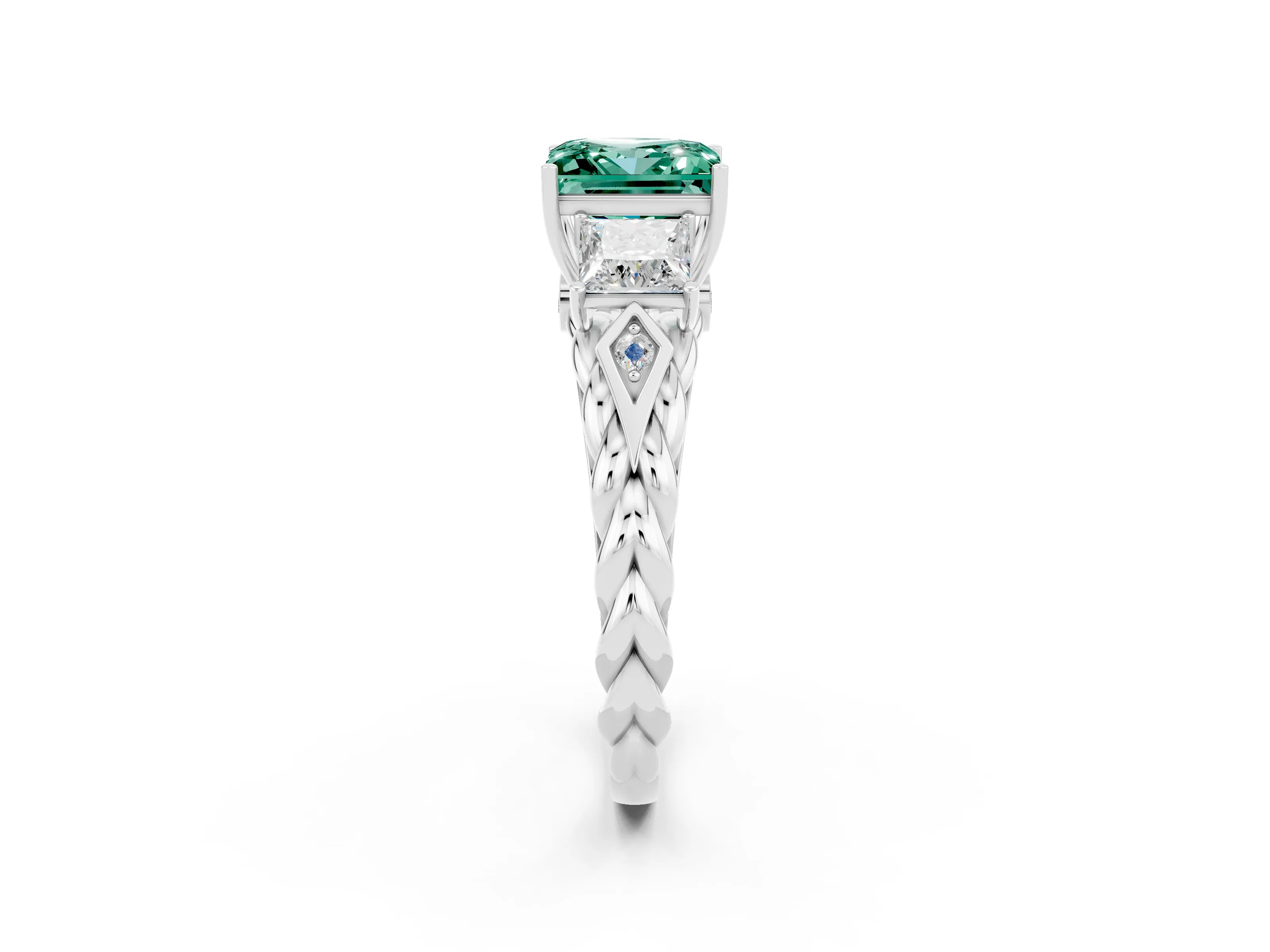 White gold Three-Stone Princess Cut Green Sapphire Braided Band Ring with Four-Prong Setting_14