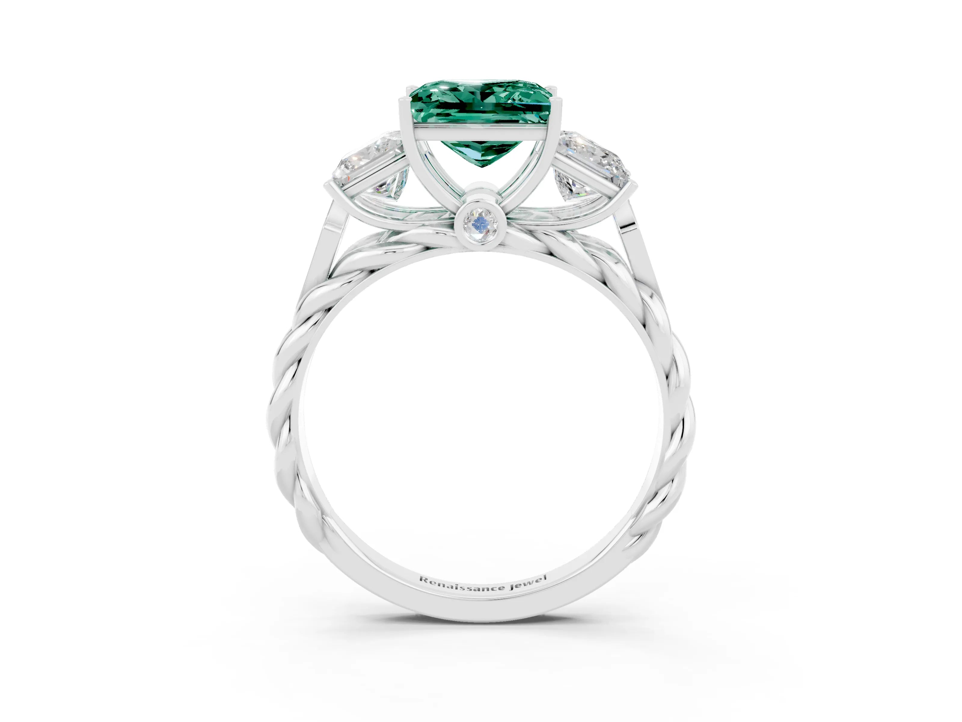 White gold Three-Stone Princess Cut Green Sapphire Braided Band Ring with Four-Prong Setting_15