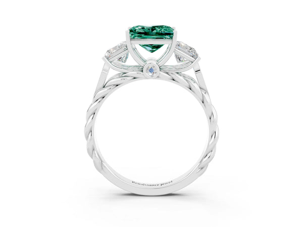Platinum Three-Stone Princess Cut Green Sapphire Braided Band Ring with Four-Prong Setting