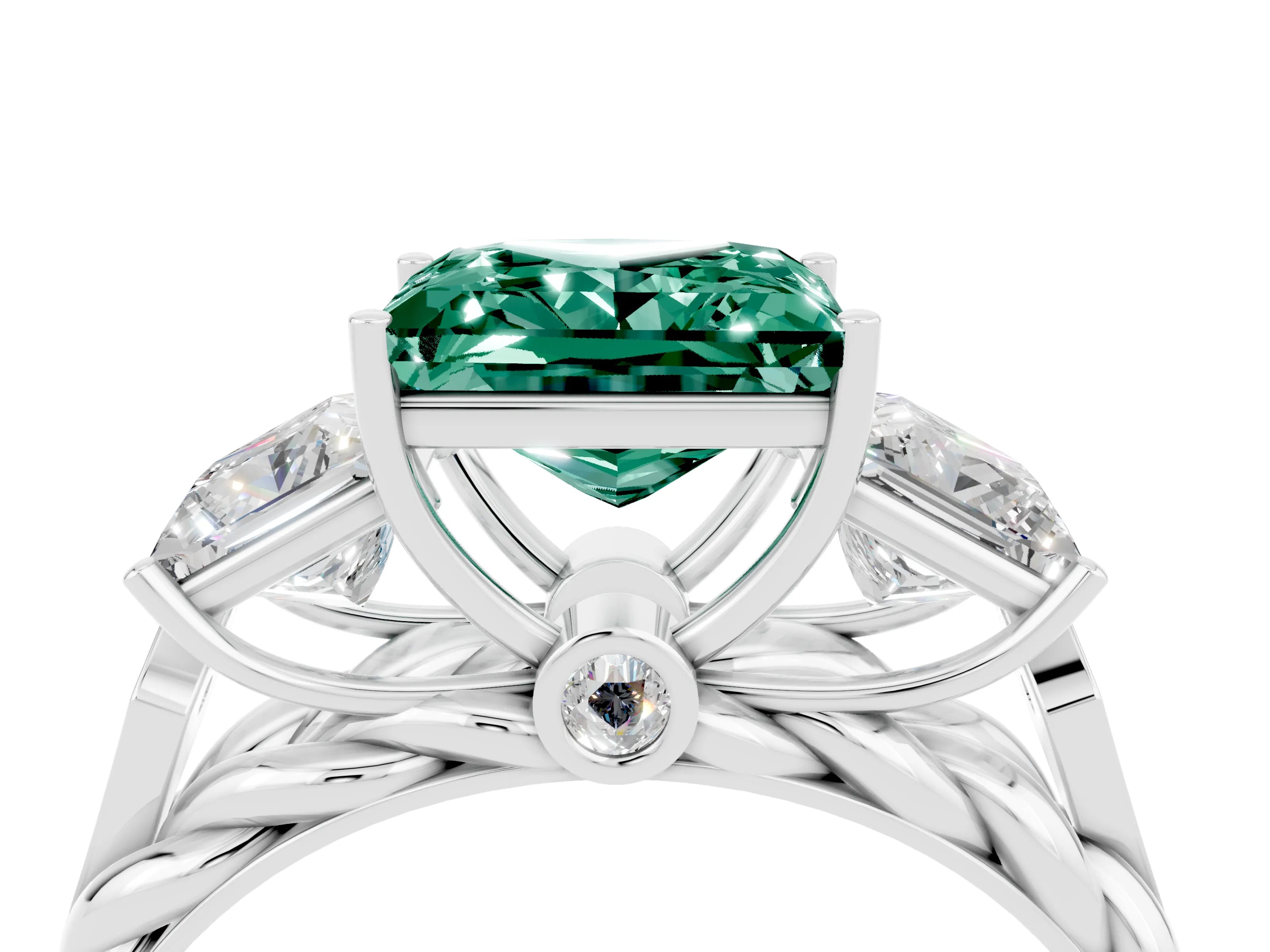 White gold Three-Stone Princess Cut Green Sapphire Braided Band Ring with Four-Prong Setting_16