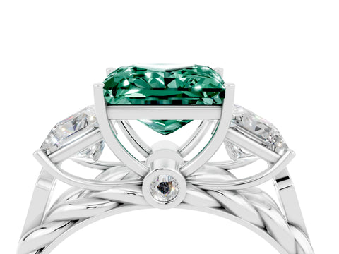 White gold Three-Stone Princess Cut Green Sapphire Braided Band Ring with Four-Prong Setting_16
