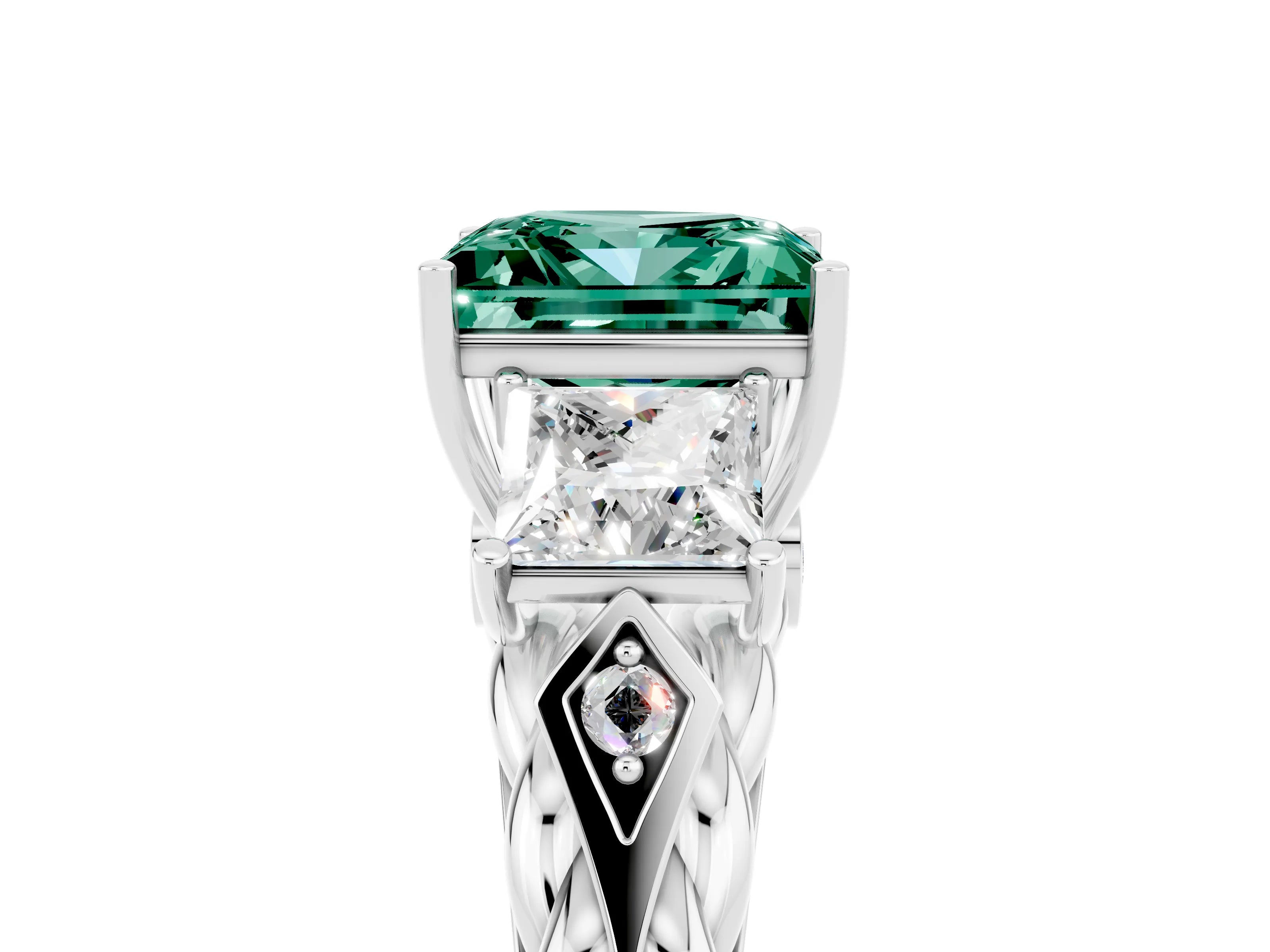 White gold Three-Stone Princess Cut Green Sapphire Braided Band Ring with Four-Prong Setting_17