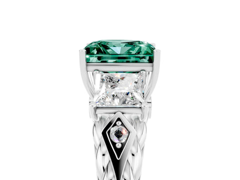 White gold Three-Stone Princess Cut Green Sapphire Braided Band Ring with Four-Prong Setting_17