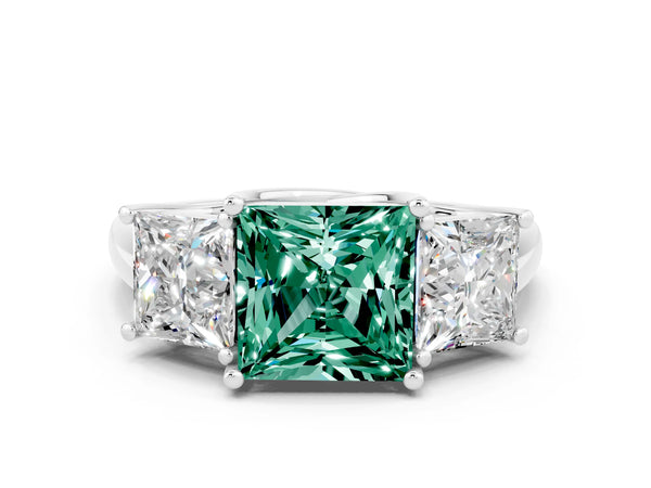 Platinum Three-Stone Princess Cut Green Sapphire Engagement Ring with Prong Setting