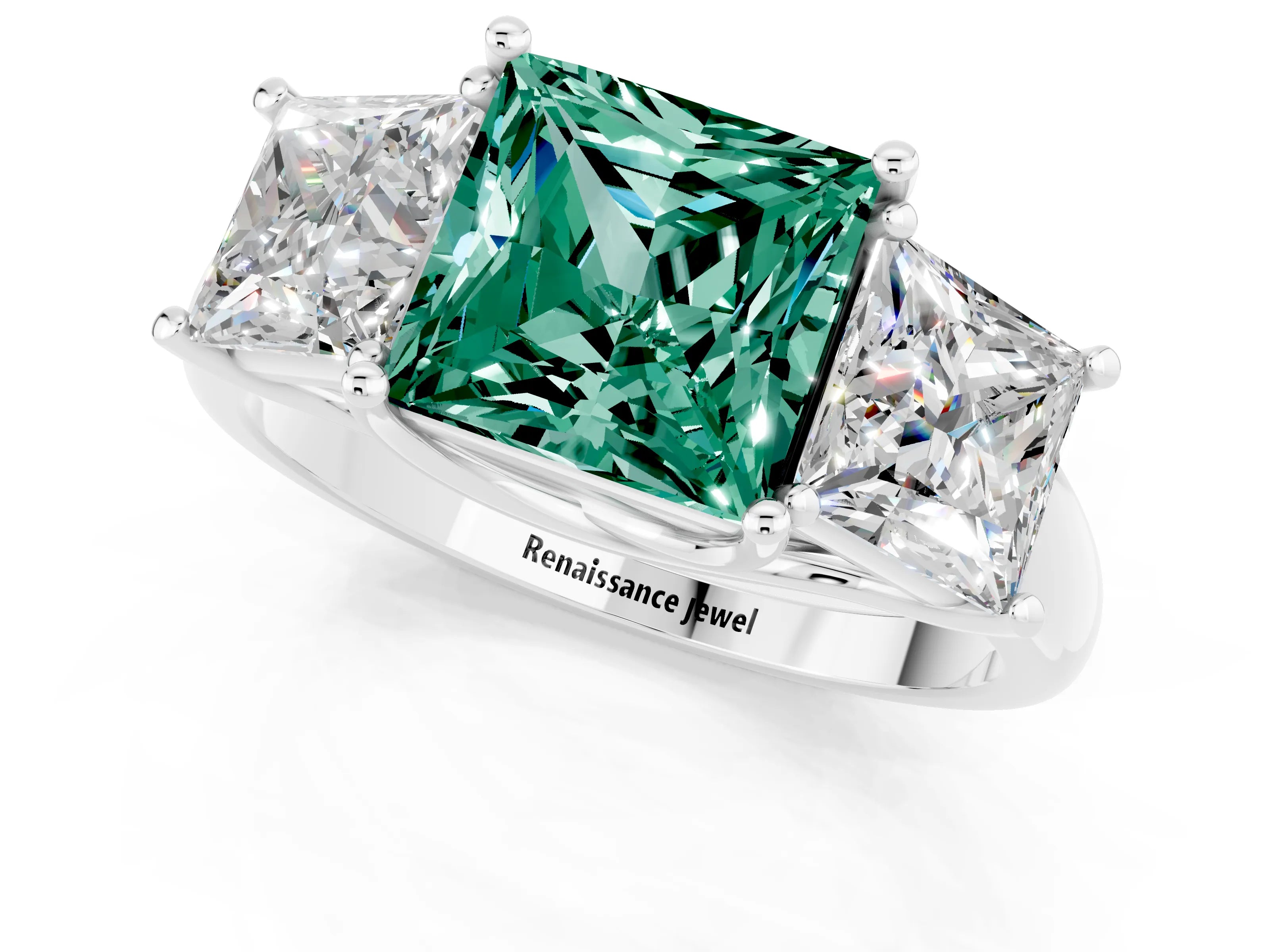 White gold Three-Stone Princess Cut Green Sapphire Engagement Ring with Prong Setting_1
