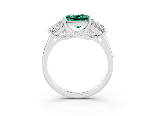 Platinum Three-Stone Princess Cut Green Sapphire Engagement Ring with Prong Setting