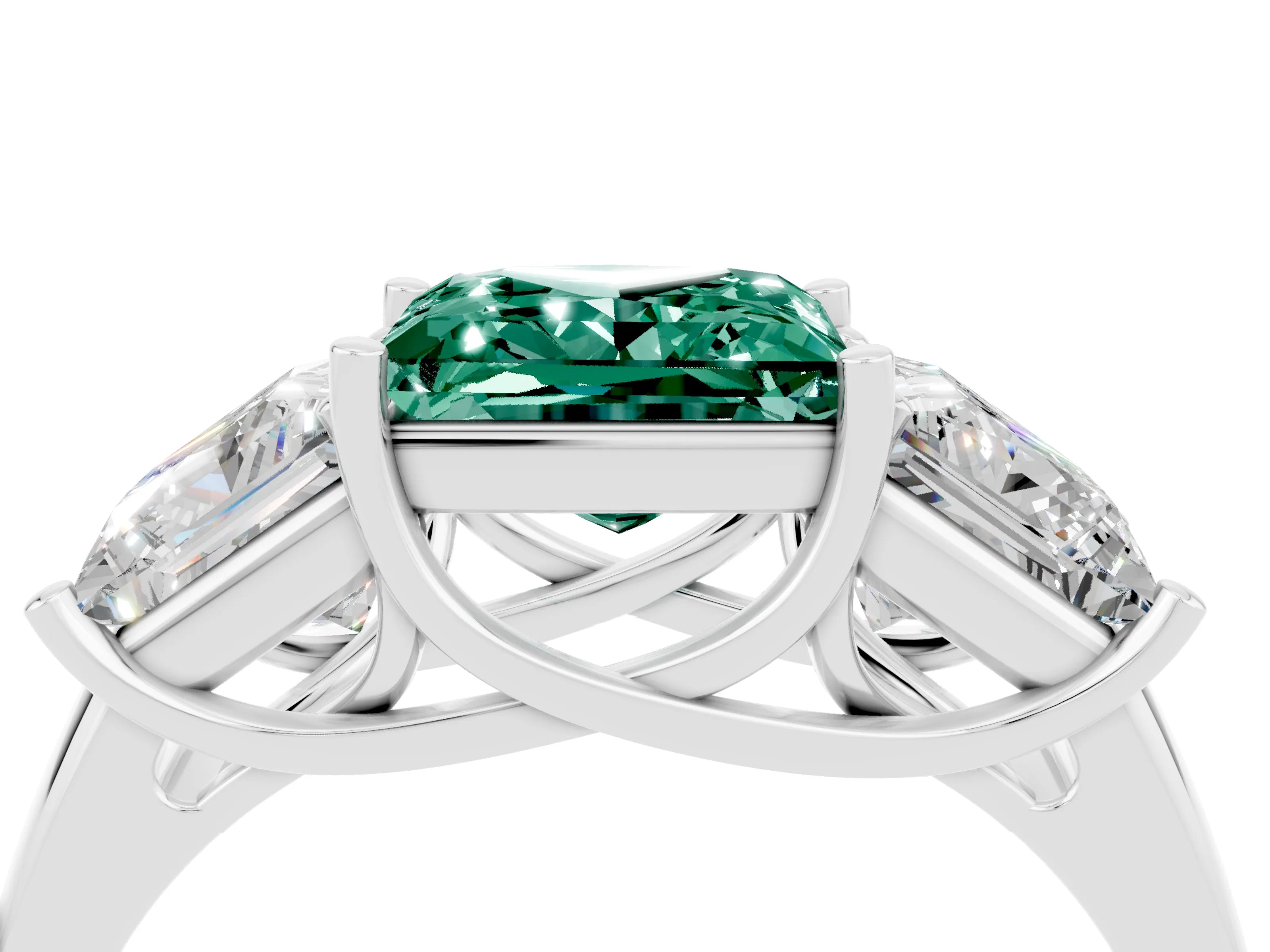 White gold Three-Stone Princess Cut Green Sapphire Engagement Ring with Prong Setting_4