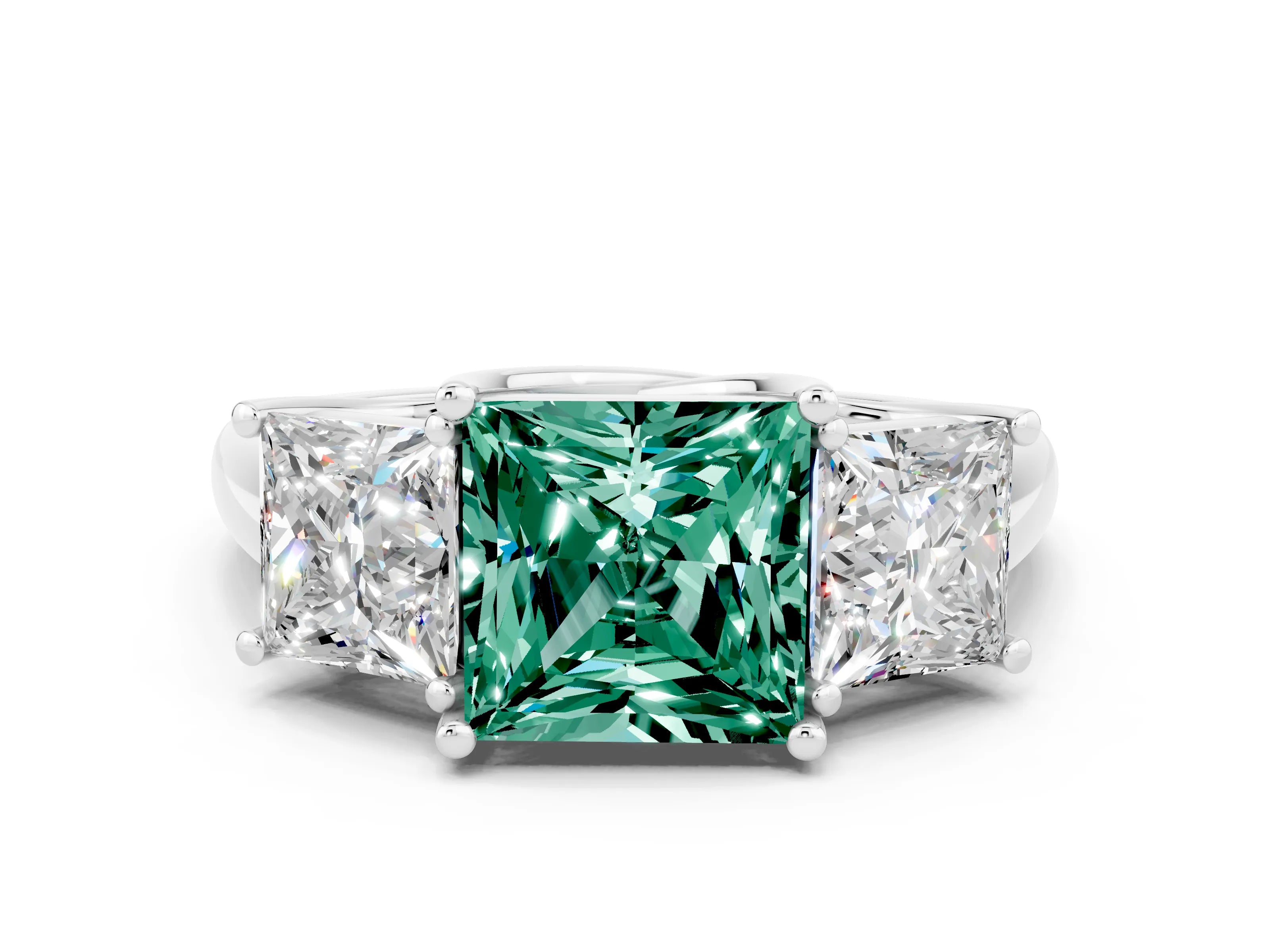 White gold Three-Stone Princess Cut Green Sapphire Engagement Ring with Prong Setting