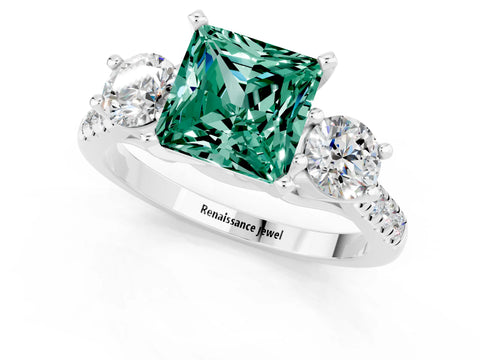 White gold Three-Stone Princess Cut Green Sapphire Pavé Band with Four-Prong Setting_1