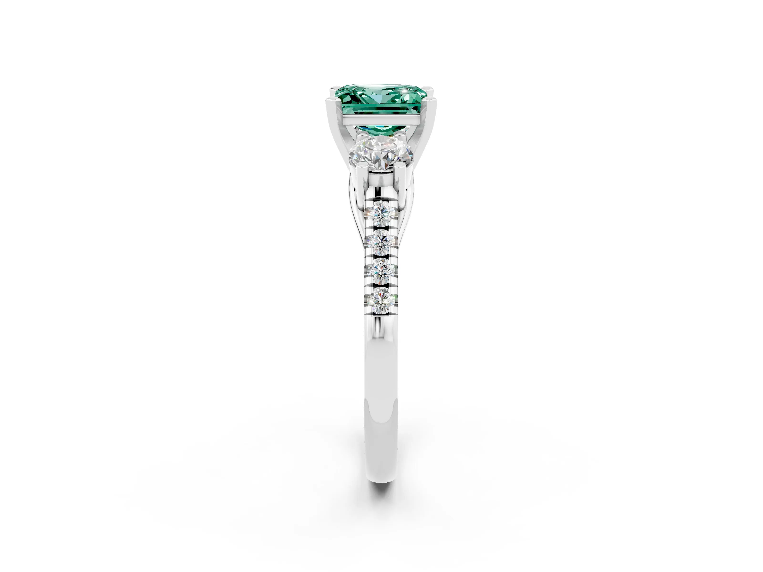 White gold Three-Stone Princess Cut Green Sapphire Pavé Band with Four-Prong Setting_2