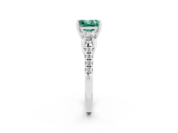 Platinum Three-Stone Princess Cut Green Sapphire Pavé Band with Four-Prong Setting