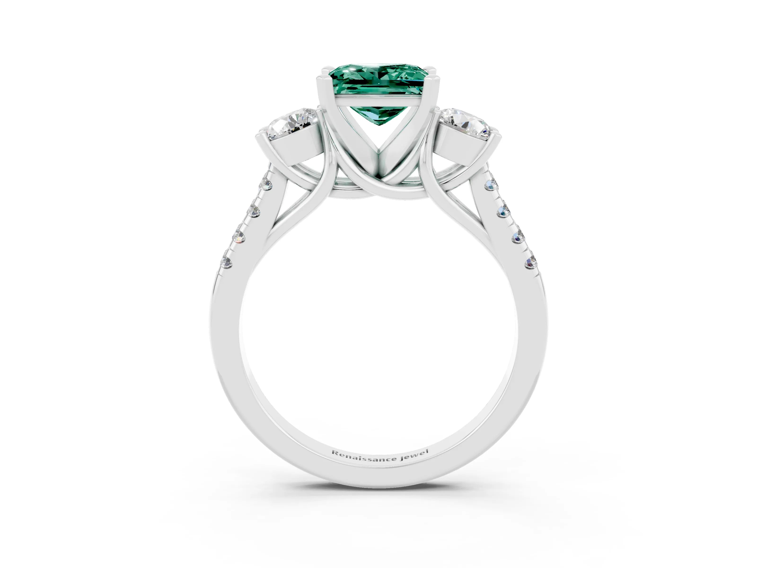 White gold Three-Stone Princess Cut Green Sapphire Pavé Band with Four-Prong Setting_3