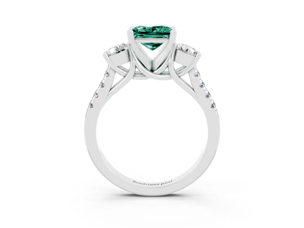 Silver Three-Stone Princess Cut Green Sapphire Pavé Band with Four-Prong Setting