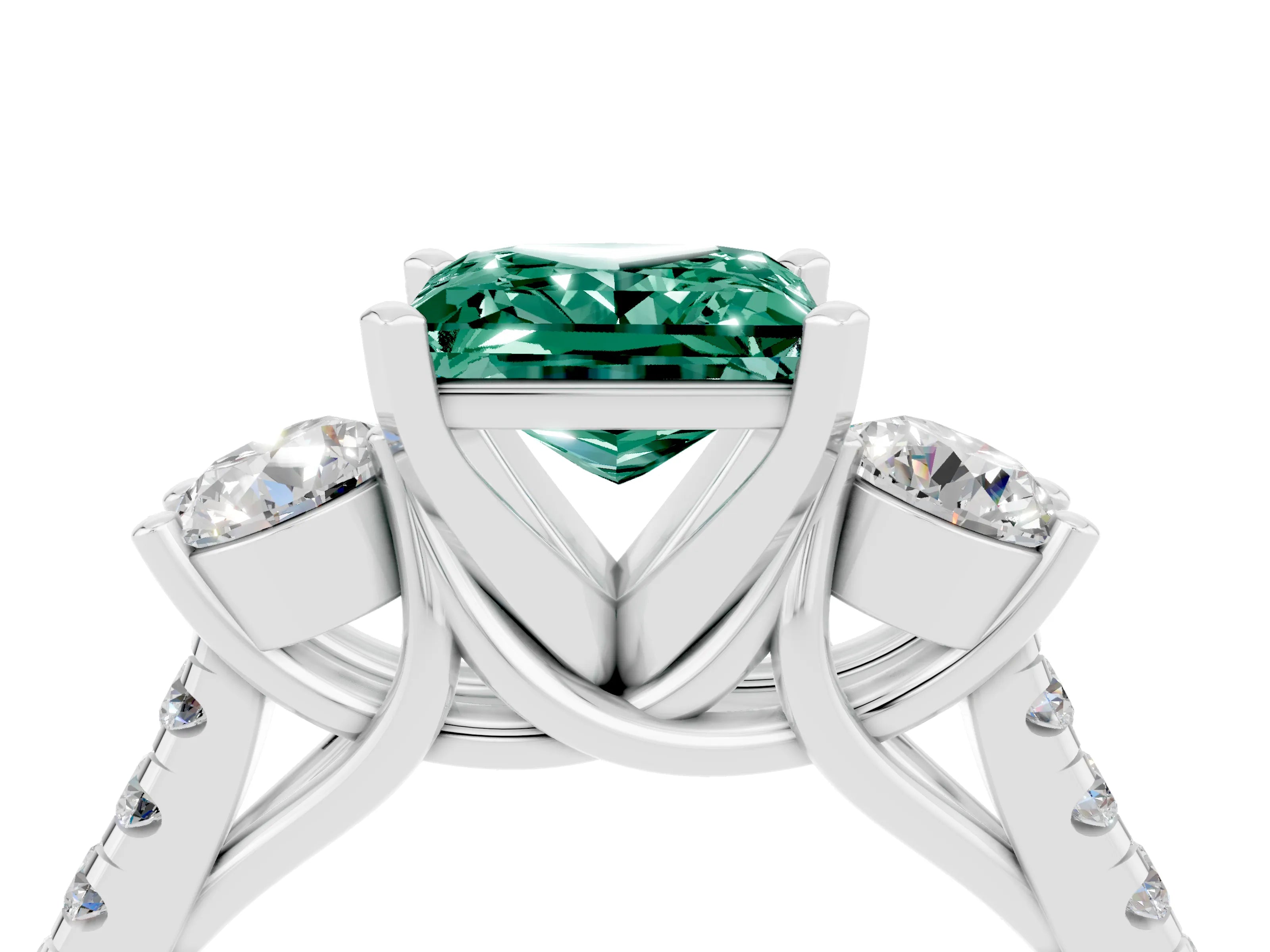 White gold Three-Stone Princess Cut Green Sapphire Pavé Band with Four-Prong Setting_4