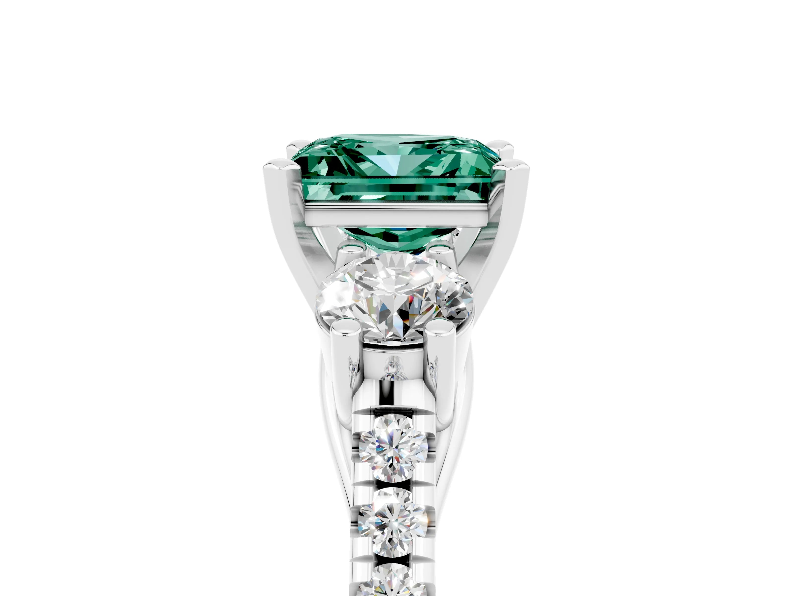 White gold Three-Stone Princess Cut Green Sapphire Pavé Band with Four-Prong Setting_5