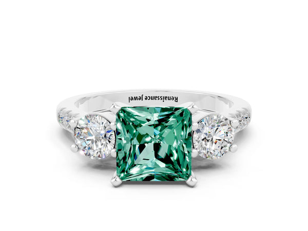 Silver Three-Stone Princess Cut Green Sapphire Pavé Band with Four-Prong Setting