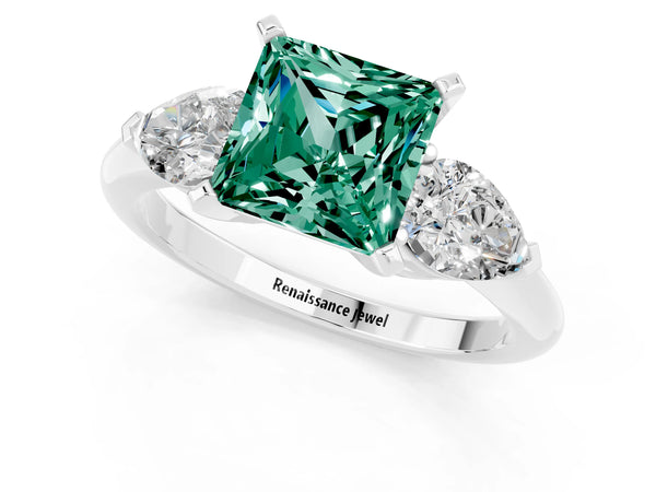 Silver Three-Stone Princess Cut Green Sapphire Ring with Pear Side Stones and Four-Prong Setting