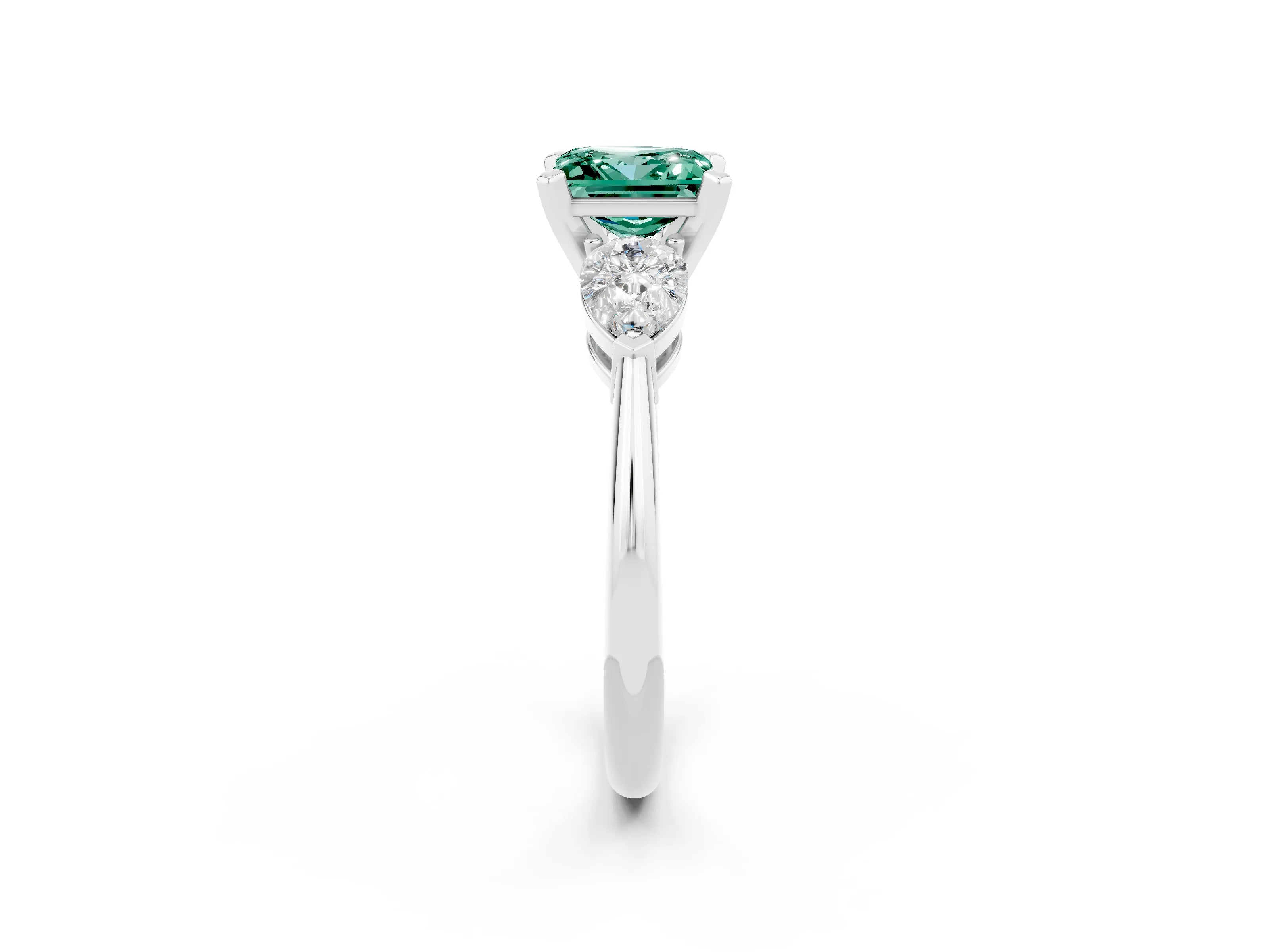 White gold Three-Stone Princess Cut Green Sapphire Ring with Pear Side Stones and Four-Prong Setting_2