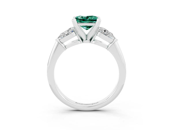 White gold Three-Stone Princess Cut Green Sapphire Ring with Pear Side Stones and Four-Prong Setting